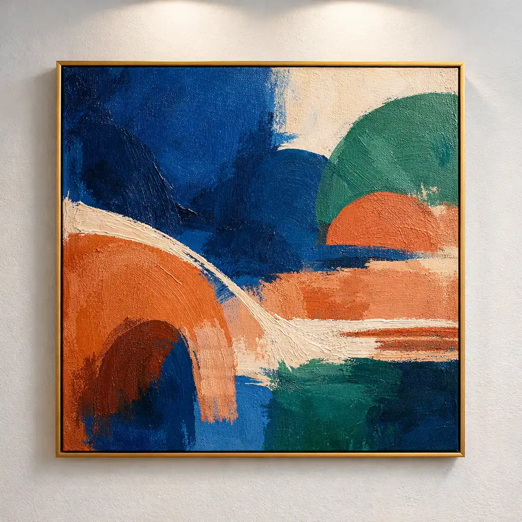 Œuvre d’art contemporaine méditerranéenne abstraite aux couleurs bleu profond, terracotta et vert
