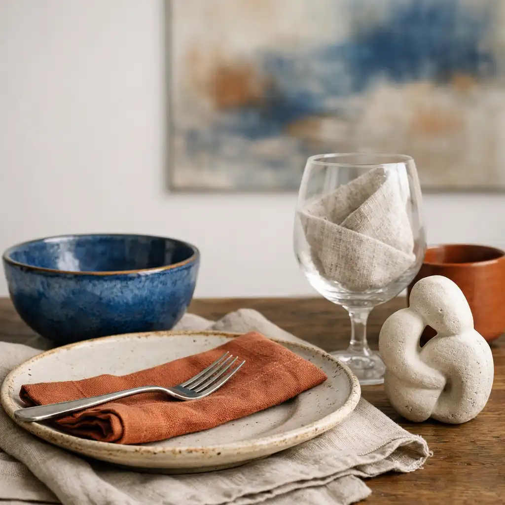 Détail d'une table dressée avec vaisselle artisanale et une petite sculpture abstraite, sur fond de mur blanc avec une œuvre d'art floue en arrière-plan.