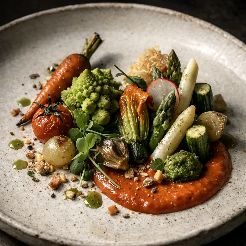 Assiette sculpturale composée de légumes de saison, éclairée latéralement sur fond sombre