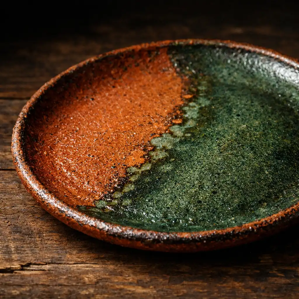 Gros plan sur une céramique artisanale utilisée comme assiette, émail terracotta et vert