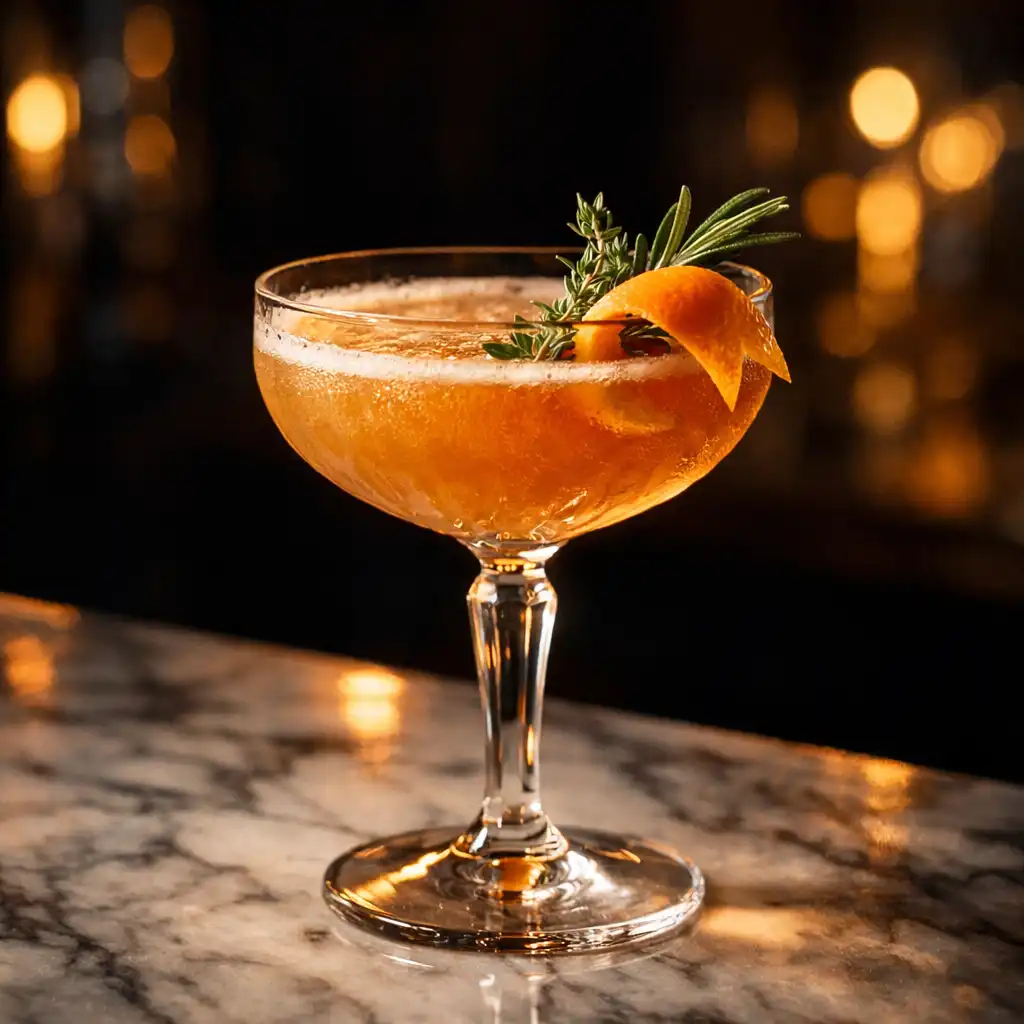 Cocktail artisanal dans un verre élégant sur comptoir en marbre, lumière tamisée