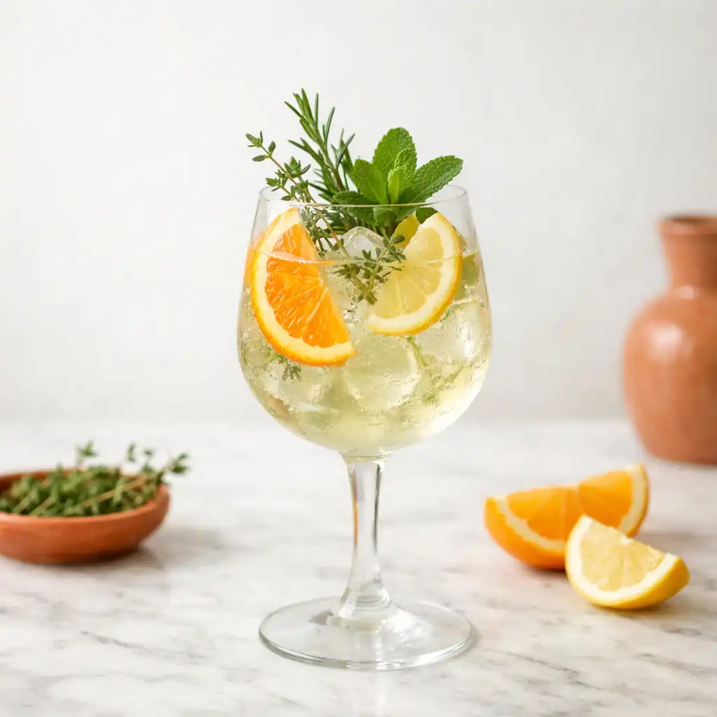 Cocktail signature Bosquet Spritz dans un verre à pied avec herbes fraîches et agrumes