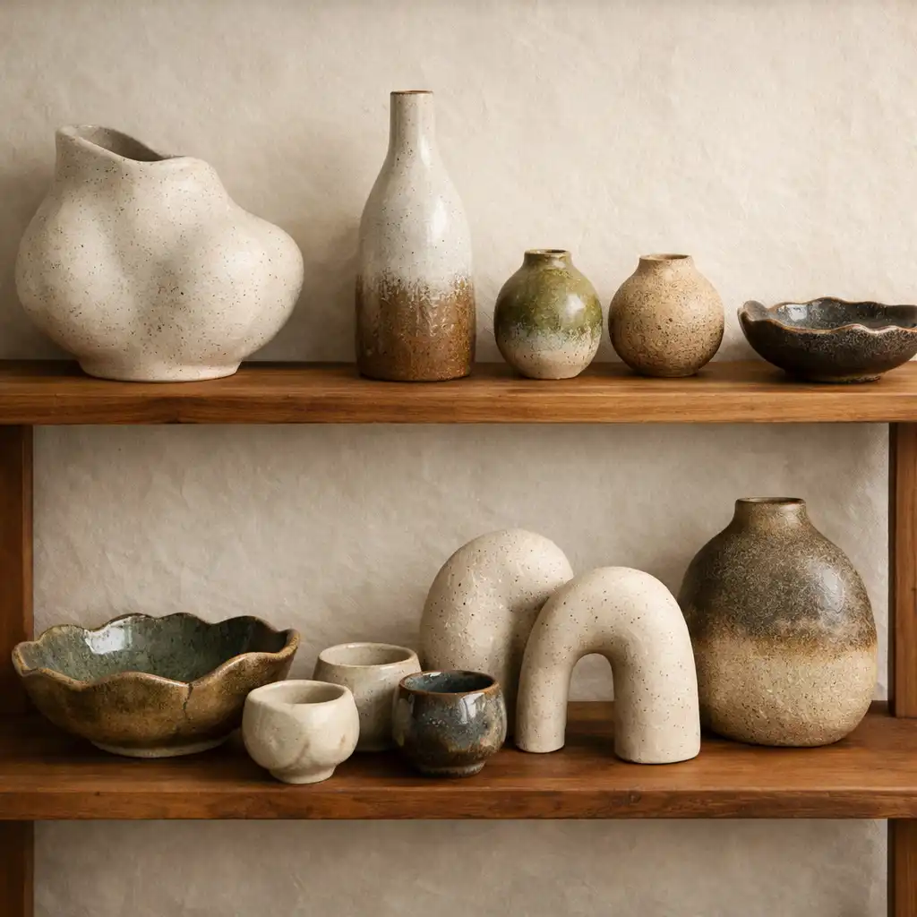 Étagère en bois présentant des céramiques artisanales aux formes organiques et émaux naturels