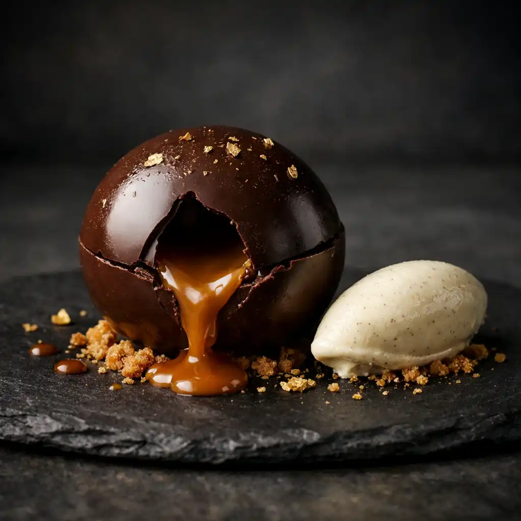 Sphère en chocolat grand cru avec cœur coulant et glace à la vanille sur une ardoise