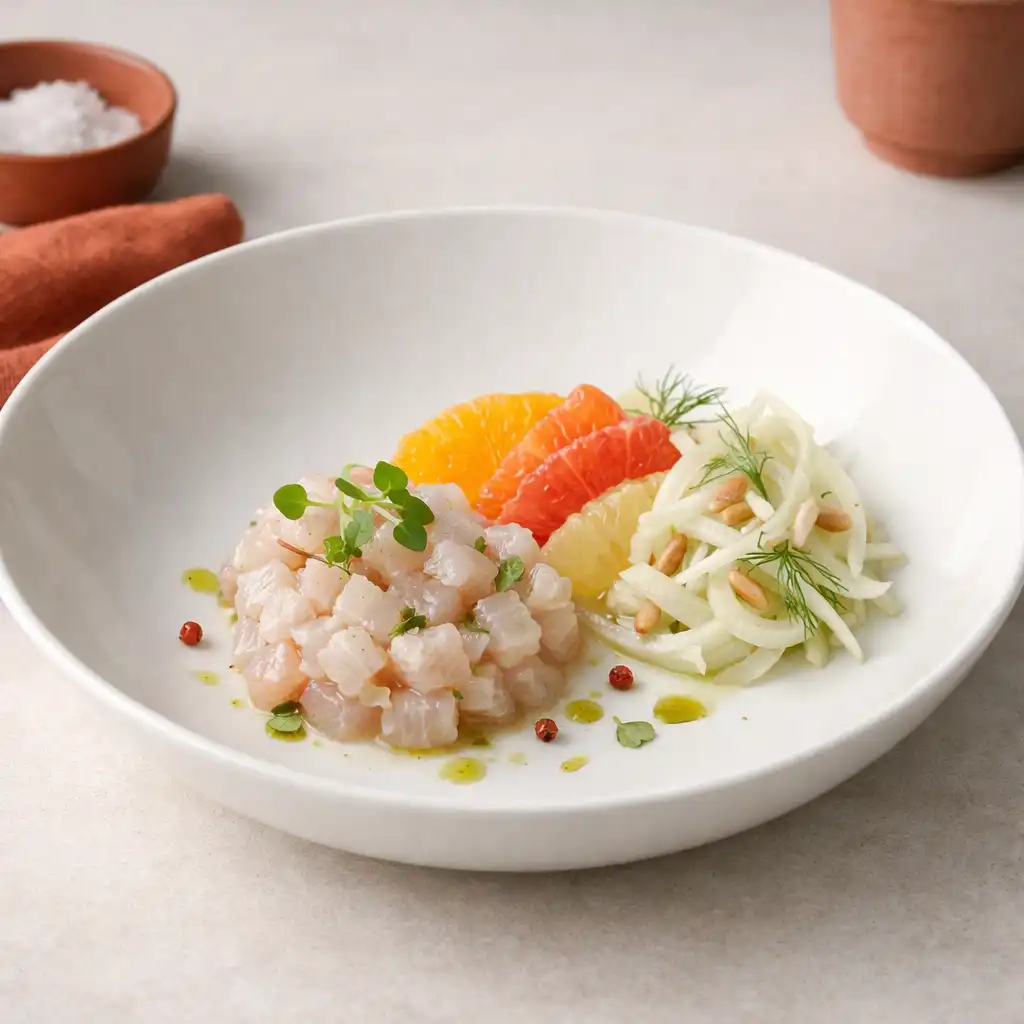 Tartare de daurade aux agrumes et fenouil dans une assiette creuse