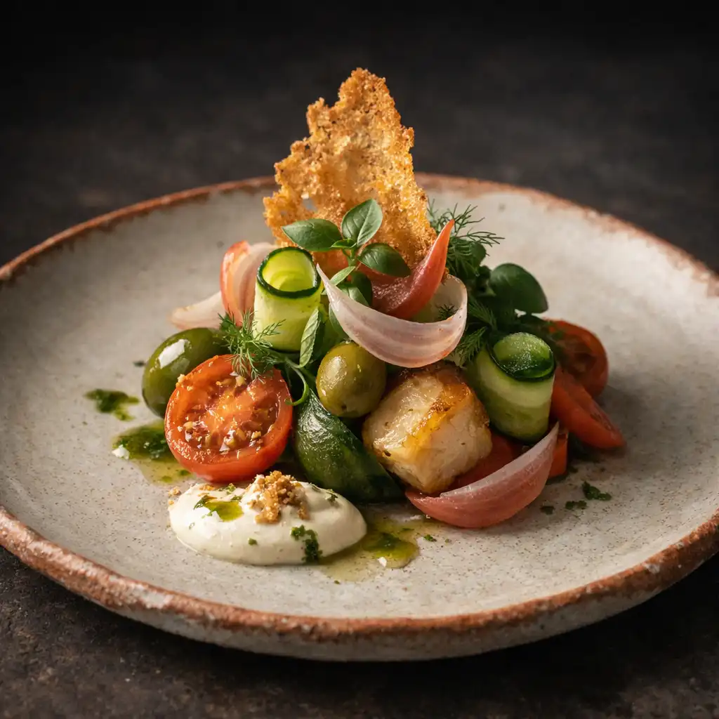 Plat contemporain méditerranéen présenté comme une œuvre d'art sur une assiette en céramique artisanale