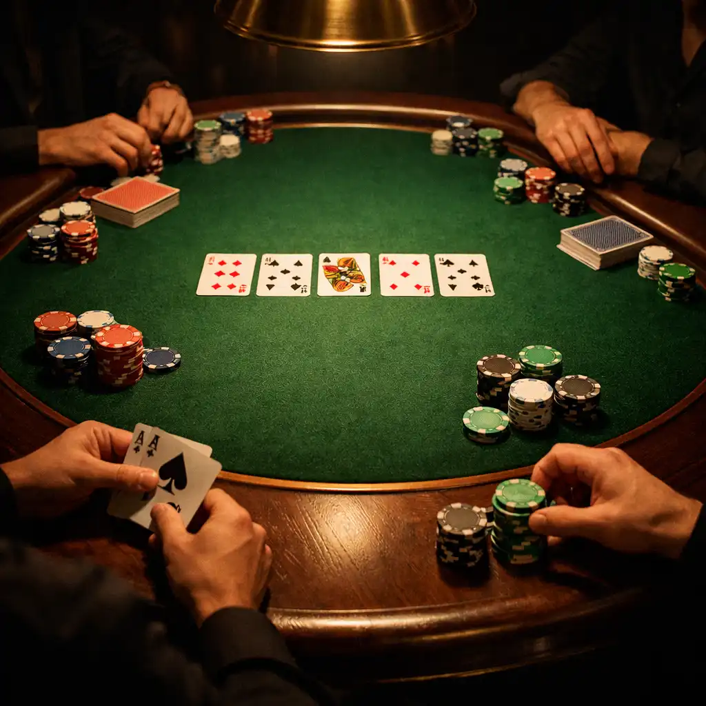 Table de poker en présentiel dans une salle sombre avec jetons symboliques et cartes à jouer