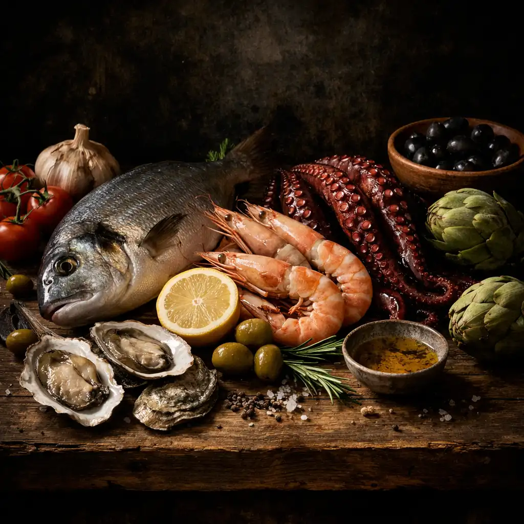 Gros plan de fruits de mer et légumes méditerranéens sur une table en bois sombre