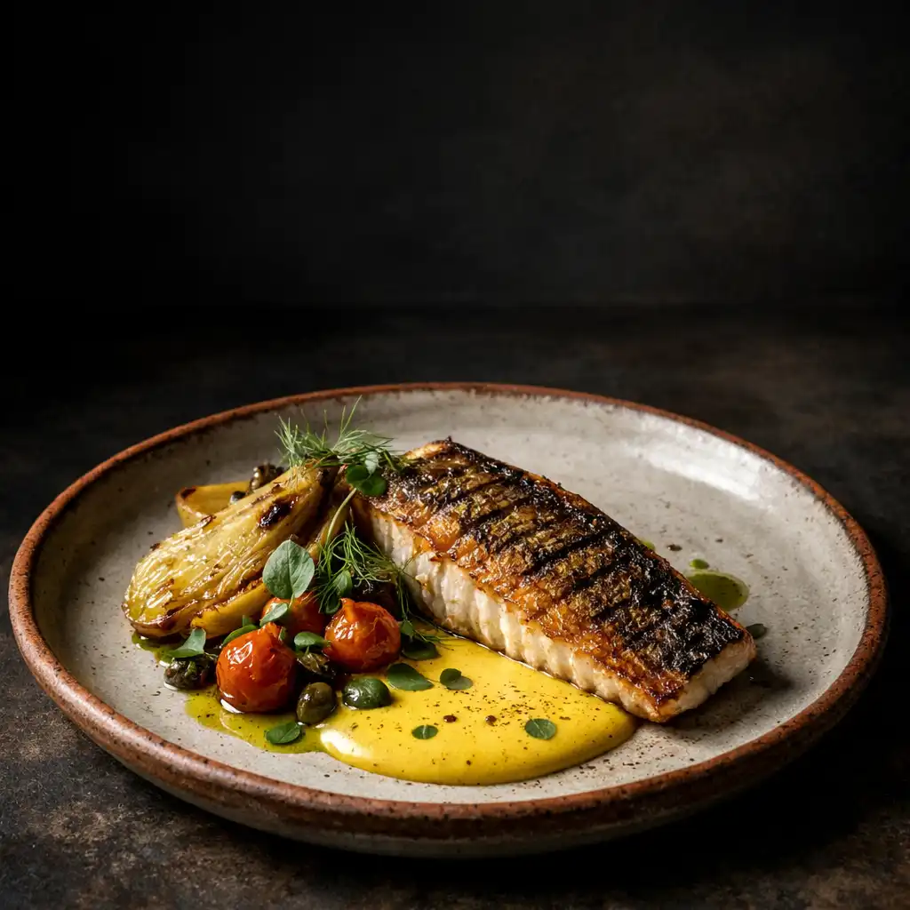 Plat signature méditerranéen : filet de loup de mer grillé, fenouil braisé et émulsion safranée, dressé sur une assiette en céramique artisanale.