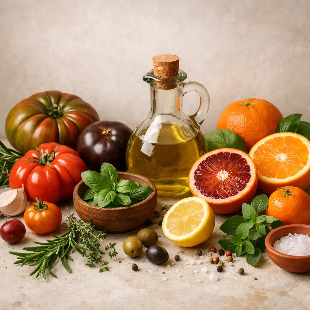 Nature morte d'ingrédients méditerranéens : tomates anciennes, agrumes, herbes fraîches et huile d'olive disposés sur une surface en pierre claire.