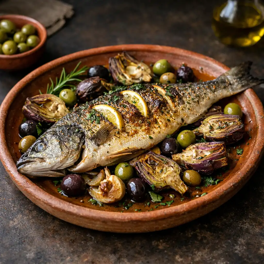 Loup de mer rôti entier avec artichauts violets et olives sur un plat en terre cuite