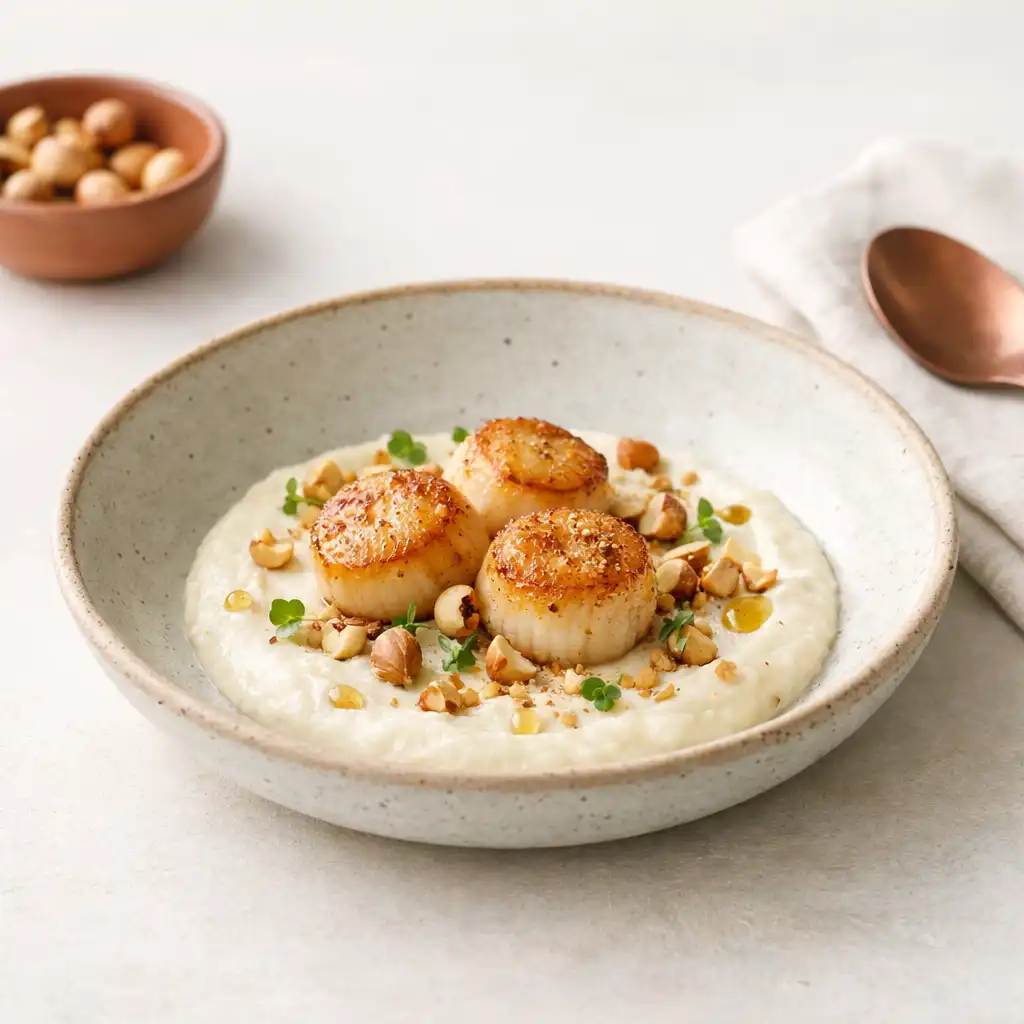 Saint-Jacques snackées avec purée de chou-fleur et noisettes dans une assiette en grès