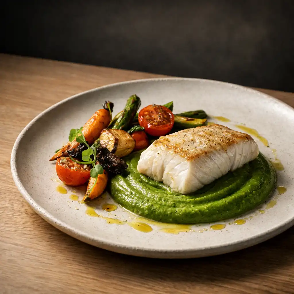 Assiette signature de Tableau Bosquet : filet de poisson nacré, purée teintée de vert bosquet et légumes rôtis, posée sur une table en bois clair