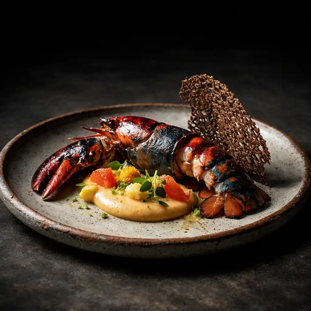 Plat signature du chef présenté sur une assiette en céramique artisanale