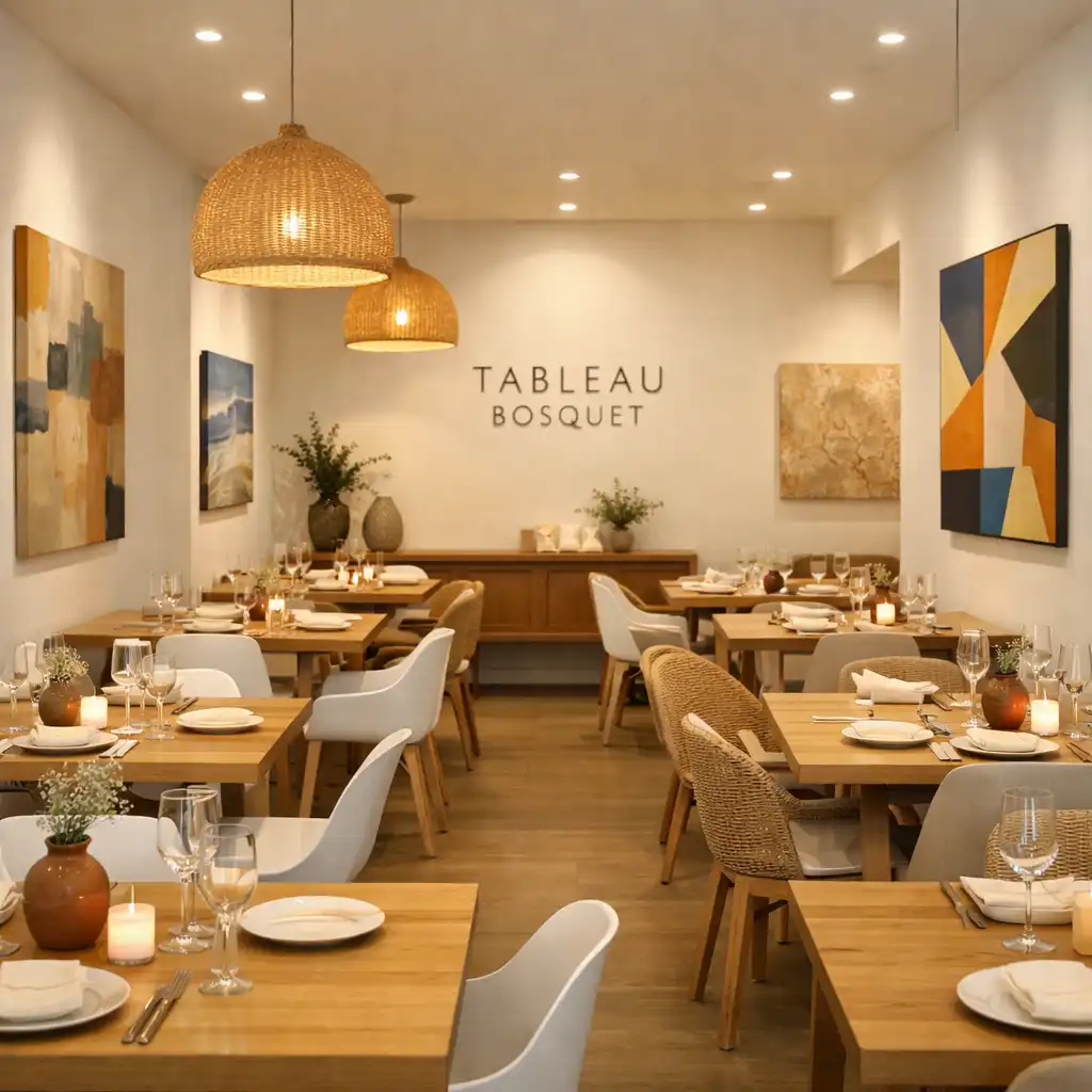 Vue d'ensemble de la salle de restaurant Tableau Bosquet : intérieur moderne aux murs blancs, tables en bois clair, chaises design et œuvres d'art contemporain accrochées aux murs.