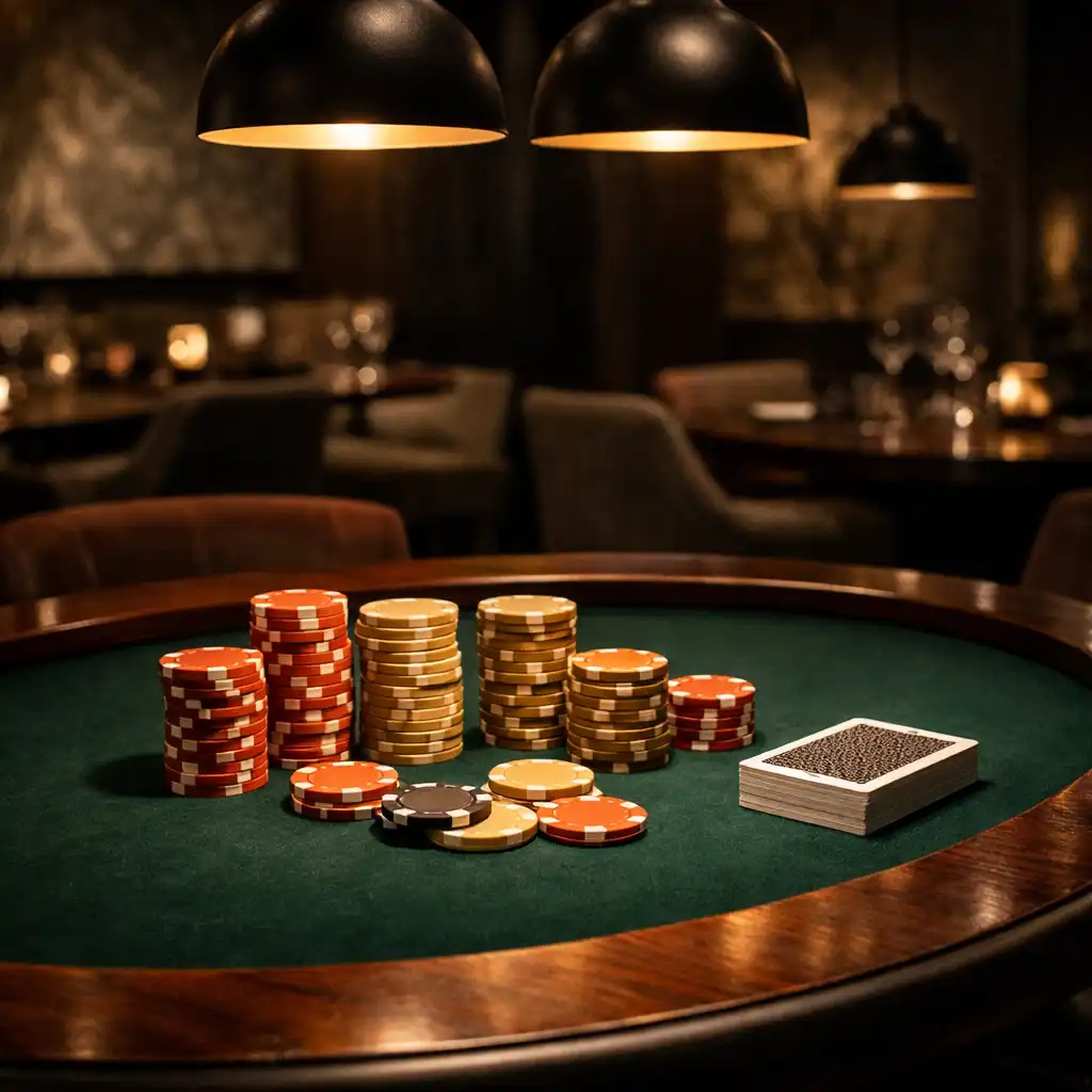 Table de poker en bois sombre dans la salle feutrée de Tableau Bosquet, avec jetons en céramique et jeu de cartes sous un éclairage tamisé
