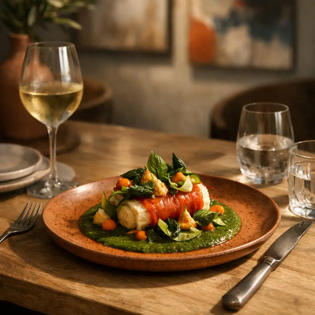 Table dressée dans la salle du restaurant Tableau Bosquet, avec un plat signature en céramique artisanale