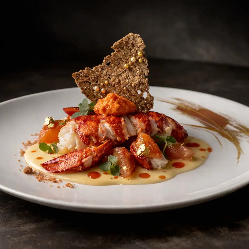 Homard bleu cuit à basse température avec émulsion d'agrumes et tuile de sarrasin