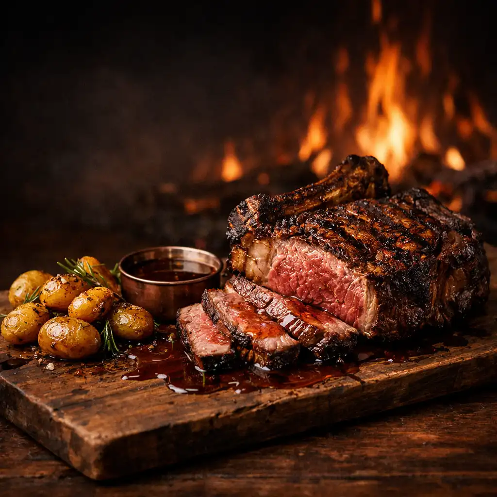 Côte de bœuf maturée grillée au feu de bois avec pommes grenailles sur une planche