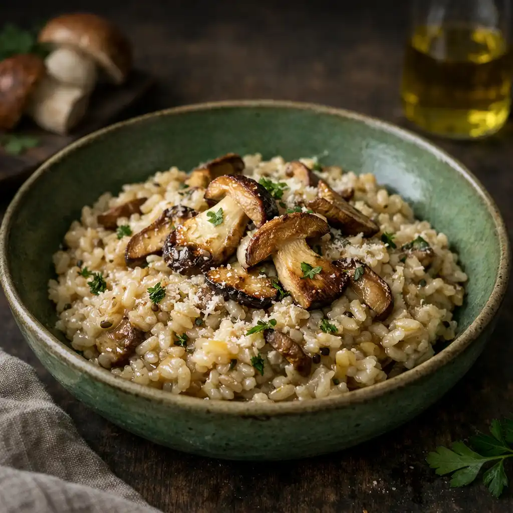 Risotto aux cèpes avec parmesan et huile de truffe dans une assiette en céramique verte